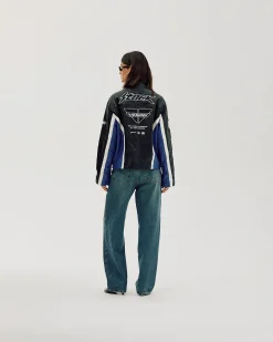 Faux Leather Moto Jacket, Women - Cobalt Blue