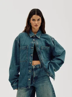 Oversized Denim Shirt, Women - Faded Blue