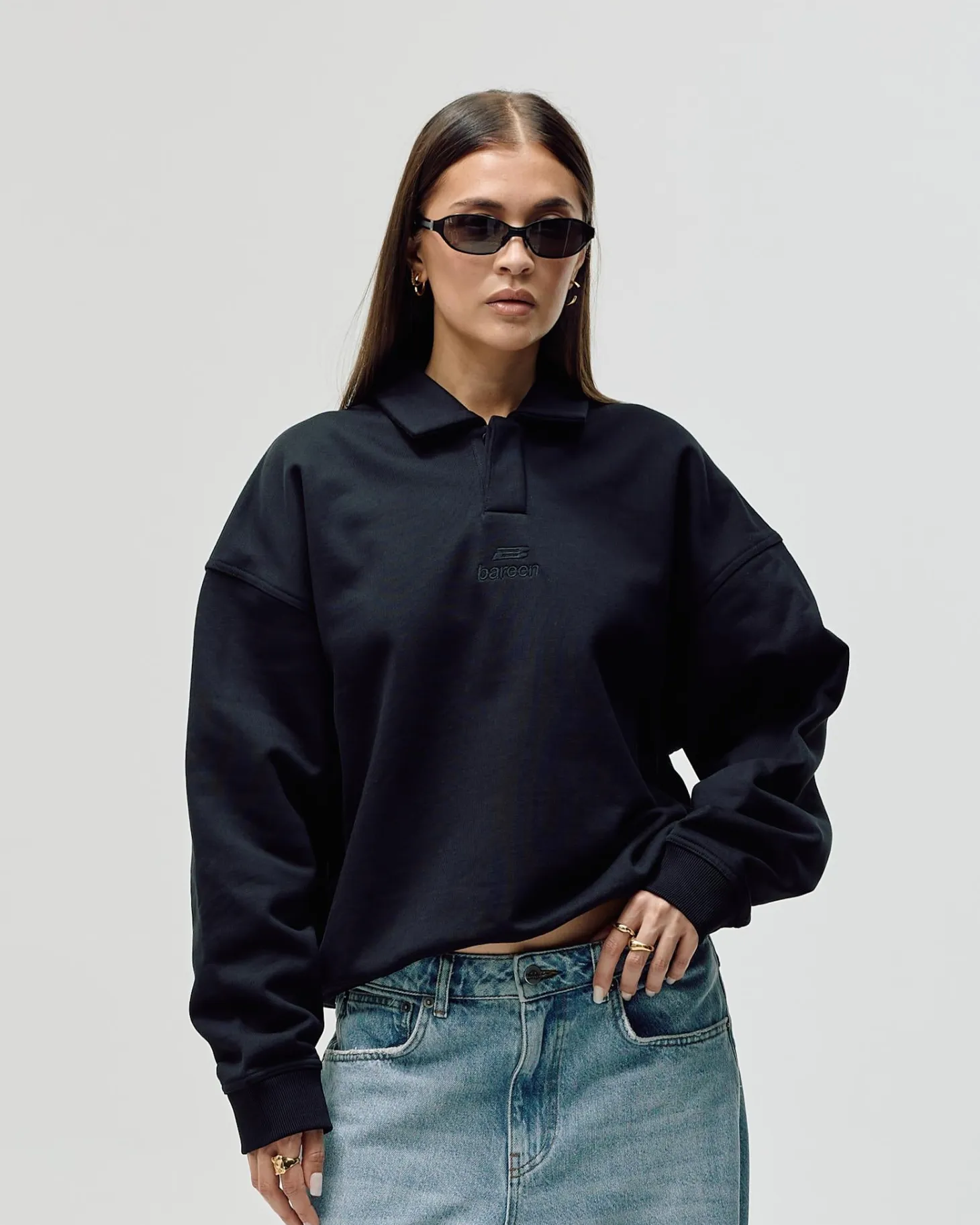 Oversized Polo Crewneck, Women - Black