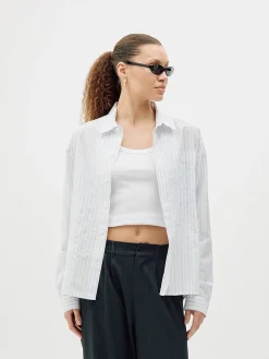 Striped Button-Up Shirt, Women - Blue Stripe
